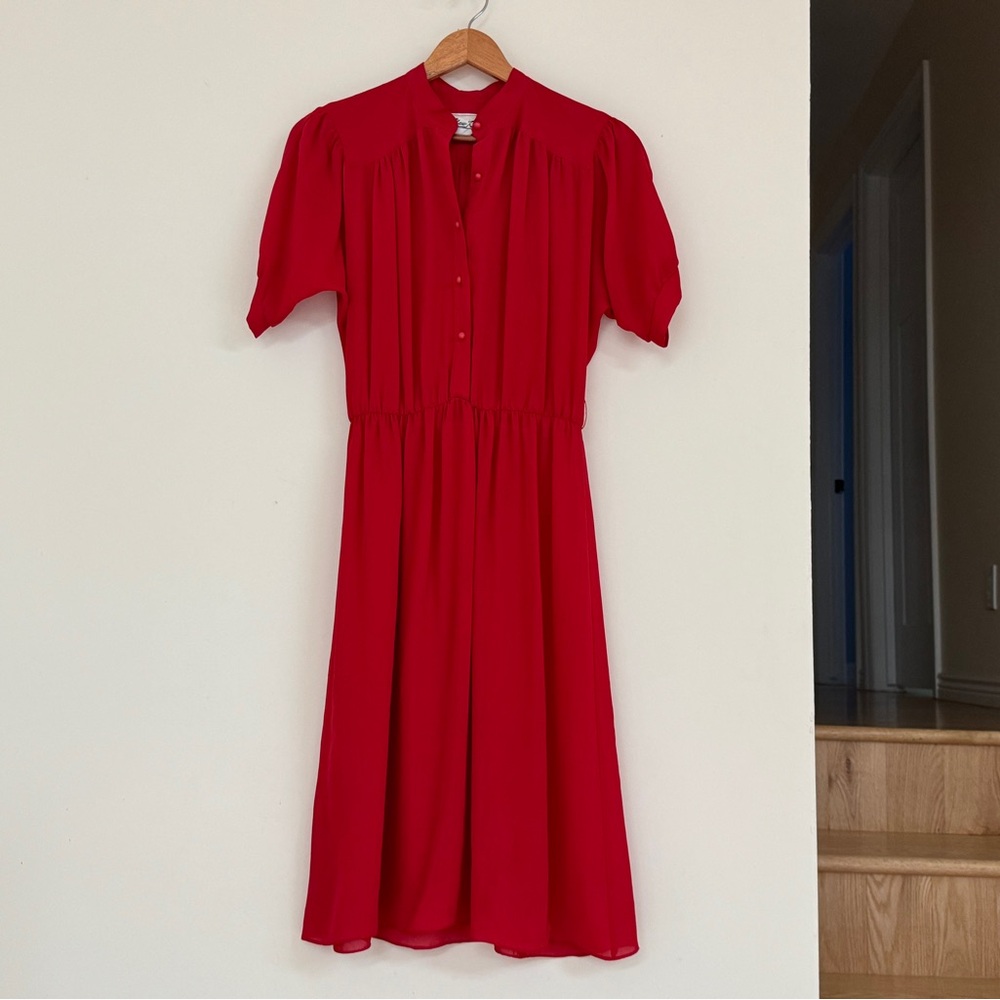 Vintage A-Line Midi Dress Size S Sheer Elastic Waist Solid Red Retro Feminine - Picture 5 of 11